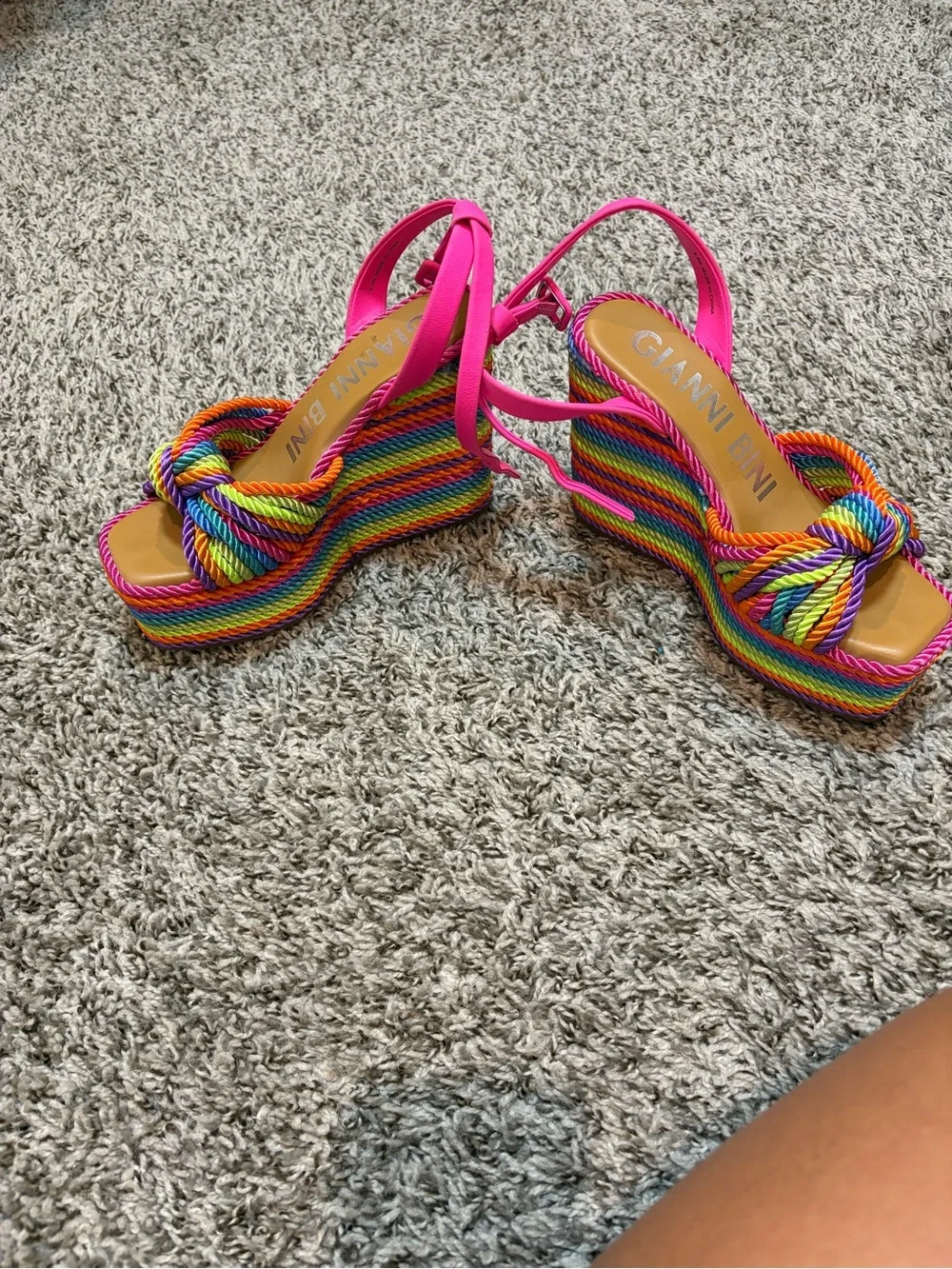 Gianni Bini Rainbow Rope Wedge Sandals in Hot Pink and Multi